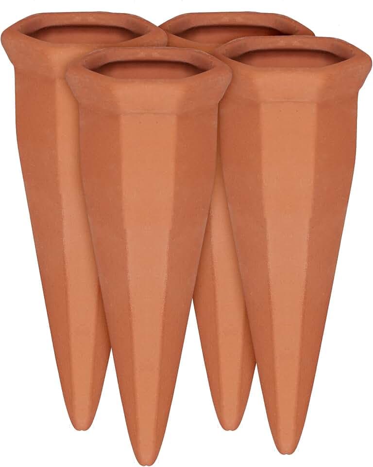 Relaxdays Tonkegel Bewässerung 4er Set, Pflanzen Wasserspender Ton, Wein und PET Flaschen Bewässerungskegel, Terracotta, Orange