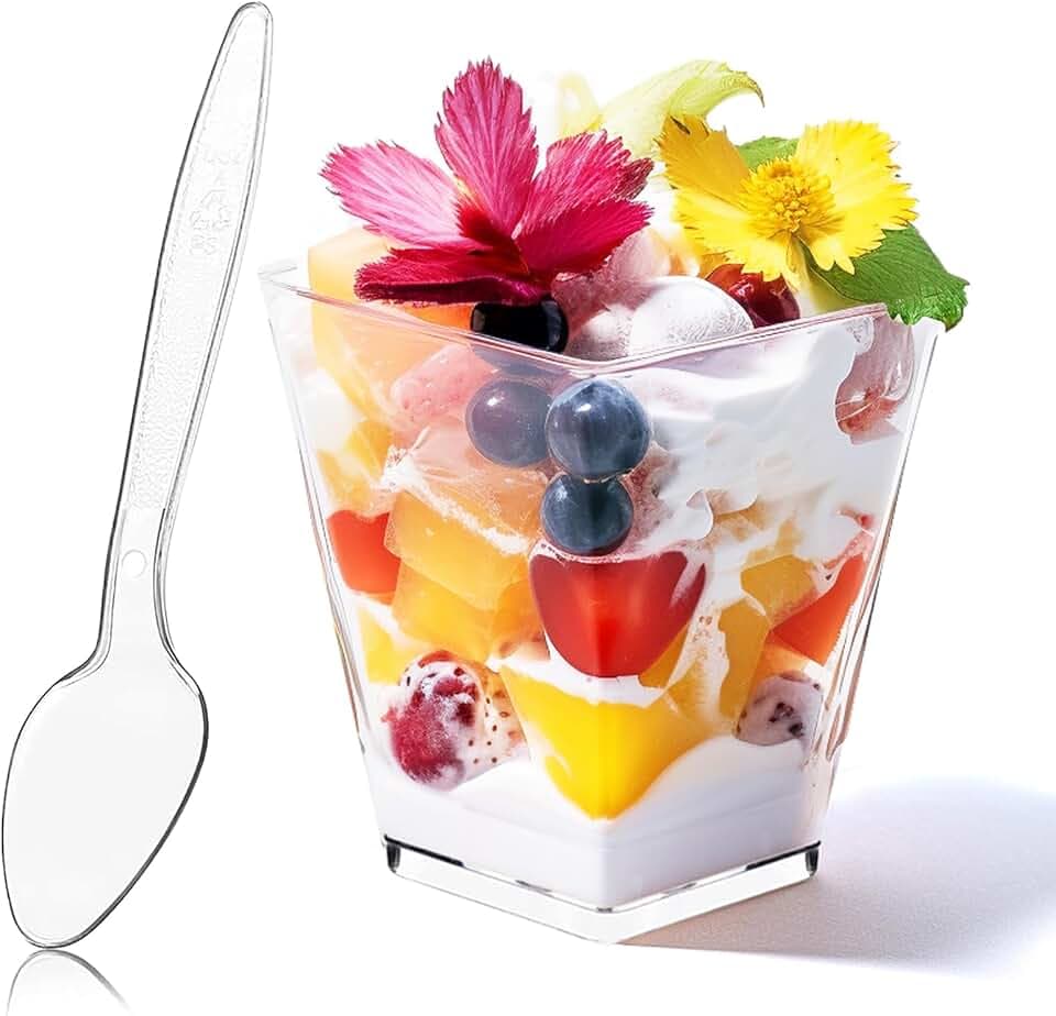 5 oz Plastic Dessert Cups with Spoons, 50 Pack