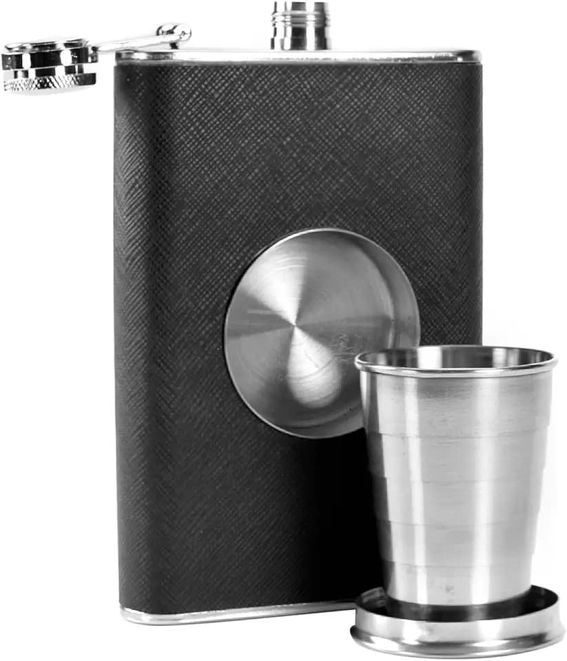 Edelstahl-Flachmann mit einklappbarem Becher, ideales Geschenk zum 21. Geburtstag, für Damen und Herren, integriertes zusammenklappbares Schnapsglas, 236 ml, geeignet als Hüft-Wasserflasche oder als Alkohol-Flachmann für Whisky, Wodka, Brandy, Rum etc.