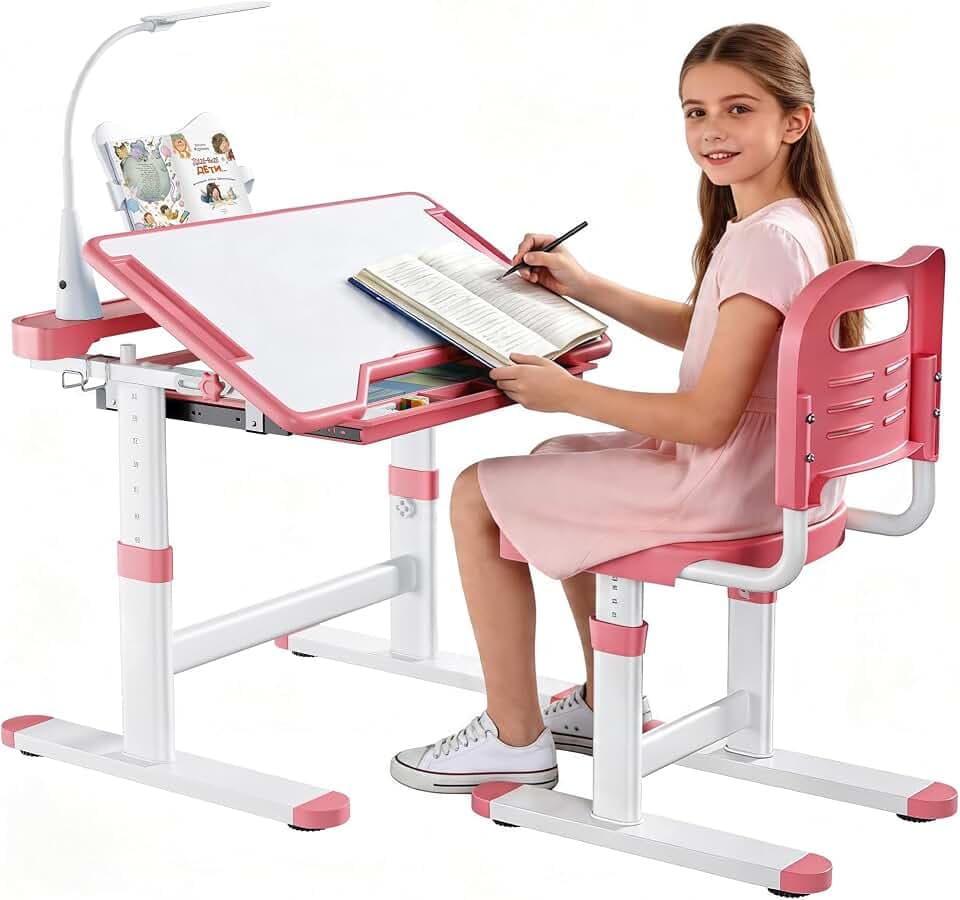 Decofy Kids Desk and Chair Set, Height Adjustable Study Table for 3–12