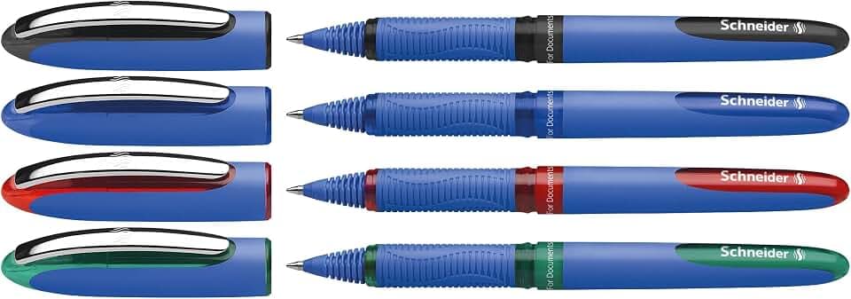 Schneider 183294 One Hybrid C 5 Tintenroller (dokumentenecht mit 0,5 mm Strichstärke und Hybrid-Konusspitze) 4er Etui schwarz, blau, rot, grün