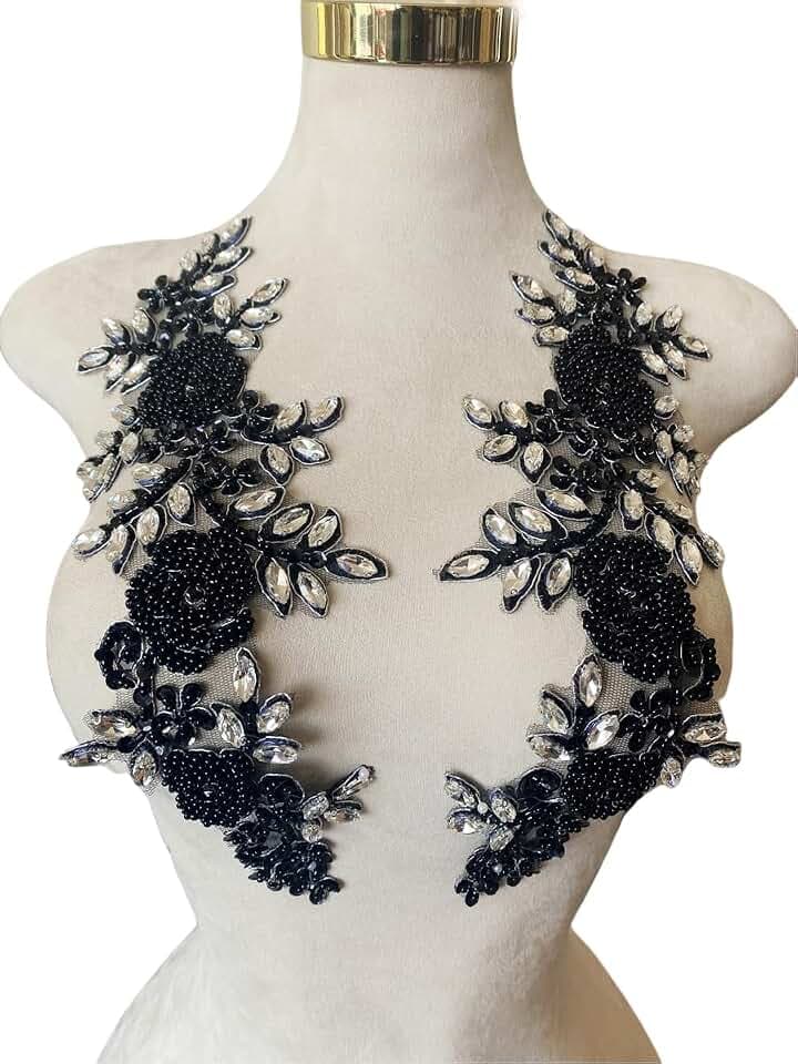 Jpumley. Pksn Handmade Rhinestones on Lace Applique Trim Sewing Beads Sequins Trim Patches for Wedding Dress Accessories 1Pair/Bag 6X14inches (Black Silver)