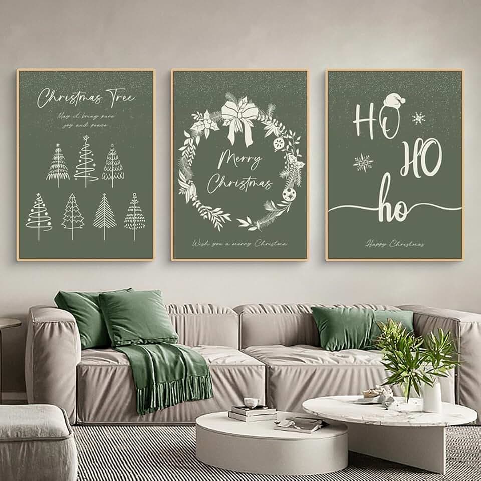 3er Weihnachts-Poster Set, Winter Bilder Set, Grüner Weihnachtsbaum Weihnachtskranz Wandkunst Wandbilder Wohnzimmer Weihnacht Wanddeko für Wohnkultur, Ohne Rahm (50x70cm)