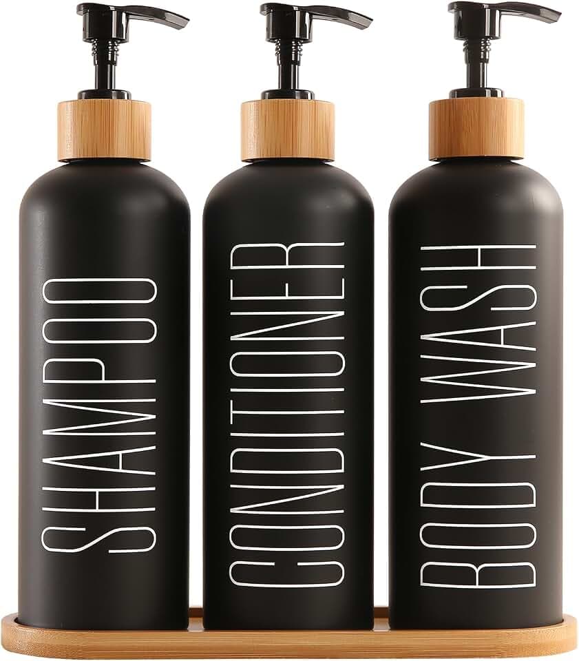 Prus Waso Shampoo- und Conditioner-Spender, enthält Shampoo-Spülung, Körperwaschspender, Duschspender mit Bambus-Pumpen und Tablett, perfekt für Badezimmerutensilien für EIN neues Zuhause (Schwarz)