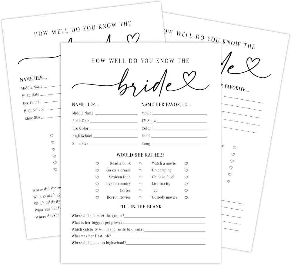 How Well Do You Know the Bride Bridal Shower Game, Fun Wedding Shower Games and Activities, Would She Rather, 50 Count