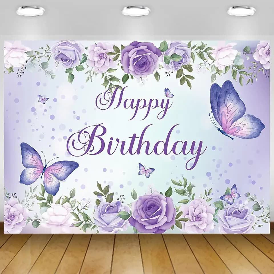 Purple Butterfly Happy Birthday Backdrop 7x5Ft
