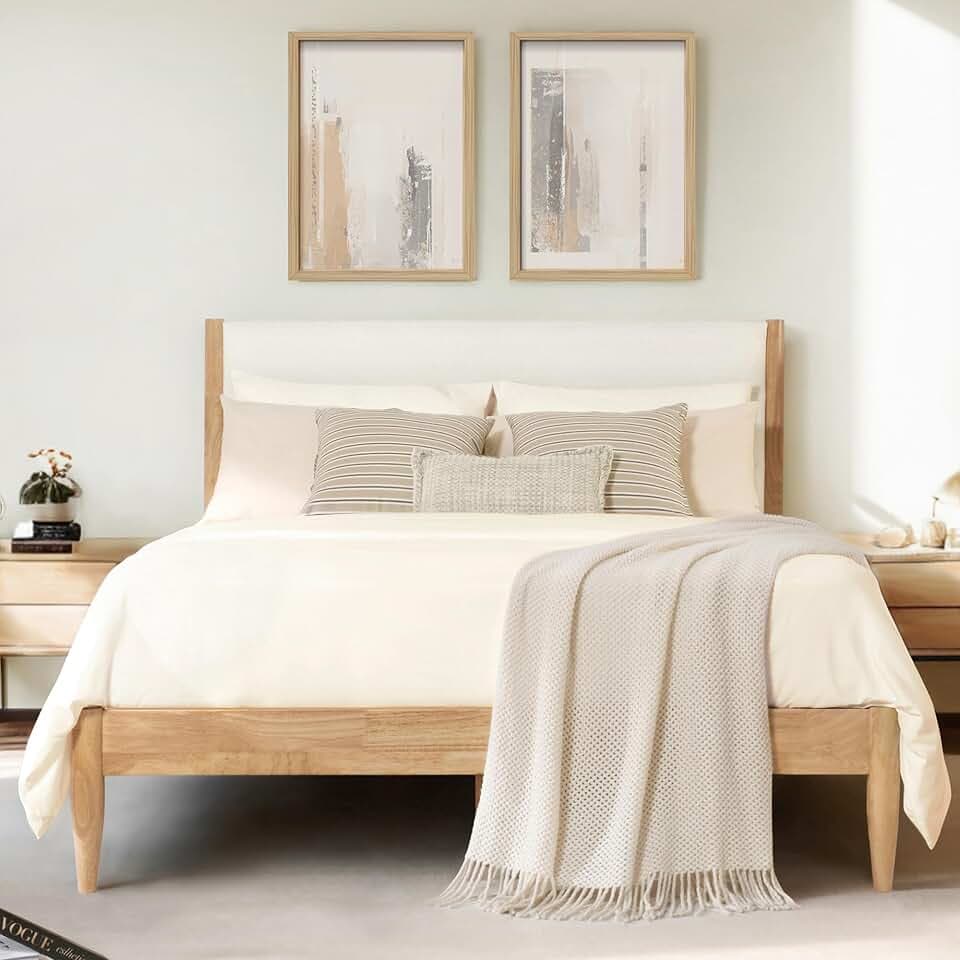 KISLOT Wood Bed Frame with Upholstered Headboard, Cream, King