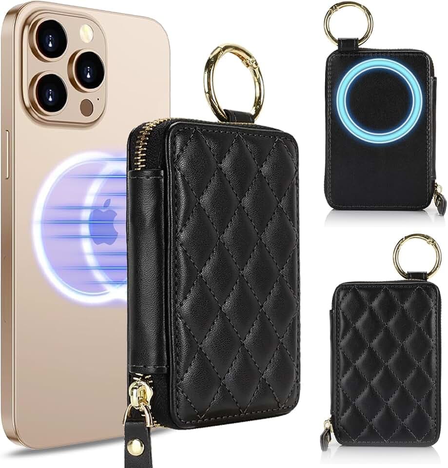 Compatible with MagSafe Wallet,Magnetic Phone Wallet Card Holder for iPhone 17/16 Pro Max/15 Pro/14 Plus/13/12 Series,PU Leather Zipper Pocket Adjustable Stand-Black