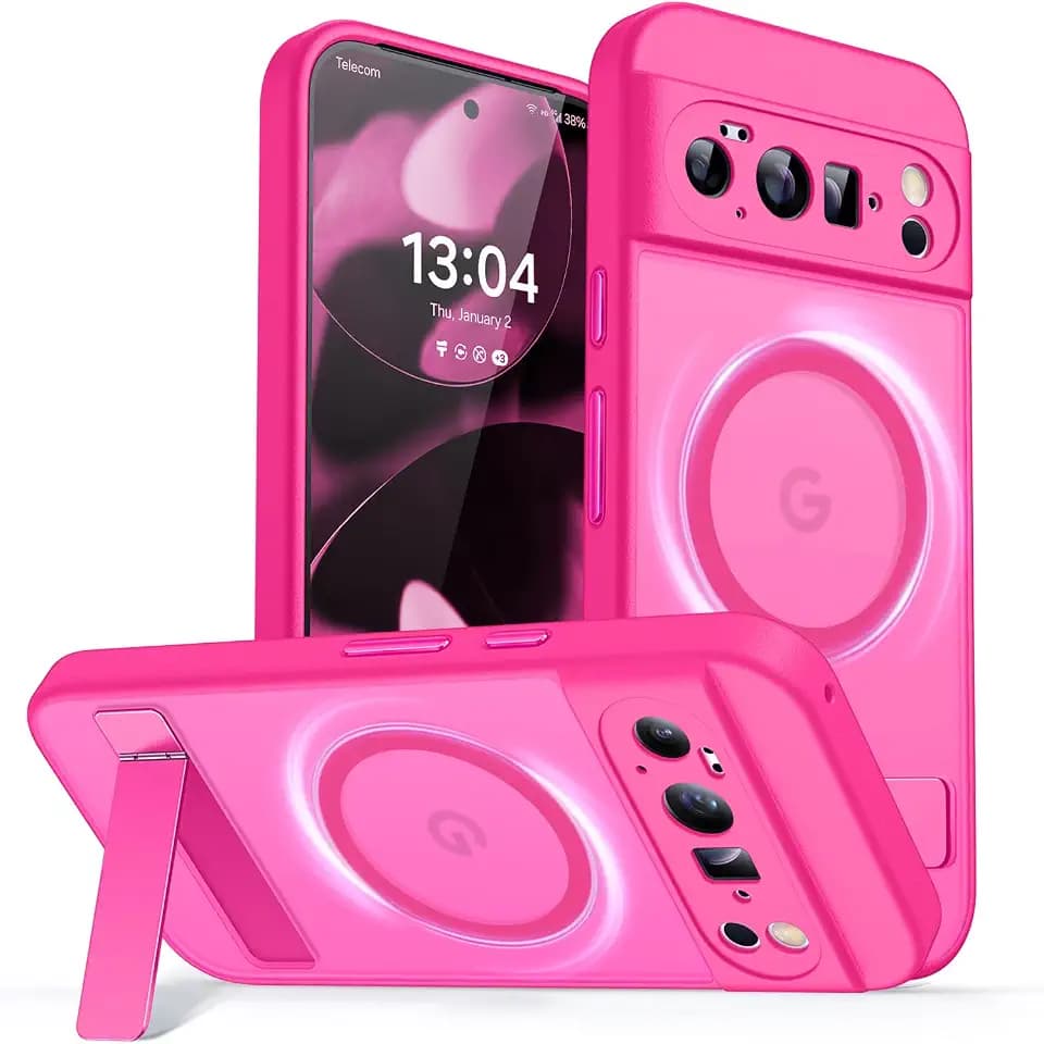 CANSHN Magnetic for Google Pixel 10 Pro Case with Metal Stand, Hot Pink
