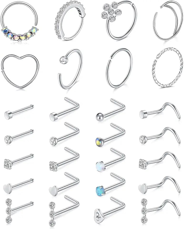 Mayhoop 20g Nose Rings Hoops And Studs For Women Men - Hypoallergenic 316L Surgical Stainless Steel L Shape Nose Screw Bone Silver Rose Gold Black Rainbow Pack 28Pcs
