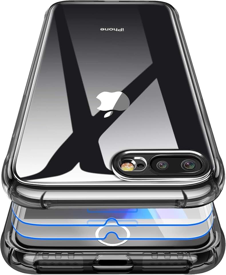Hülle für iPhone 7 Plus/iPhone 8 Plus[2×Displayschutzfolie],Stoßfest Transparent HandyHülle Silikon,Weiche TPU Case Flexibel Bumper - Schwarz