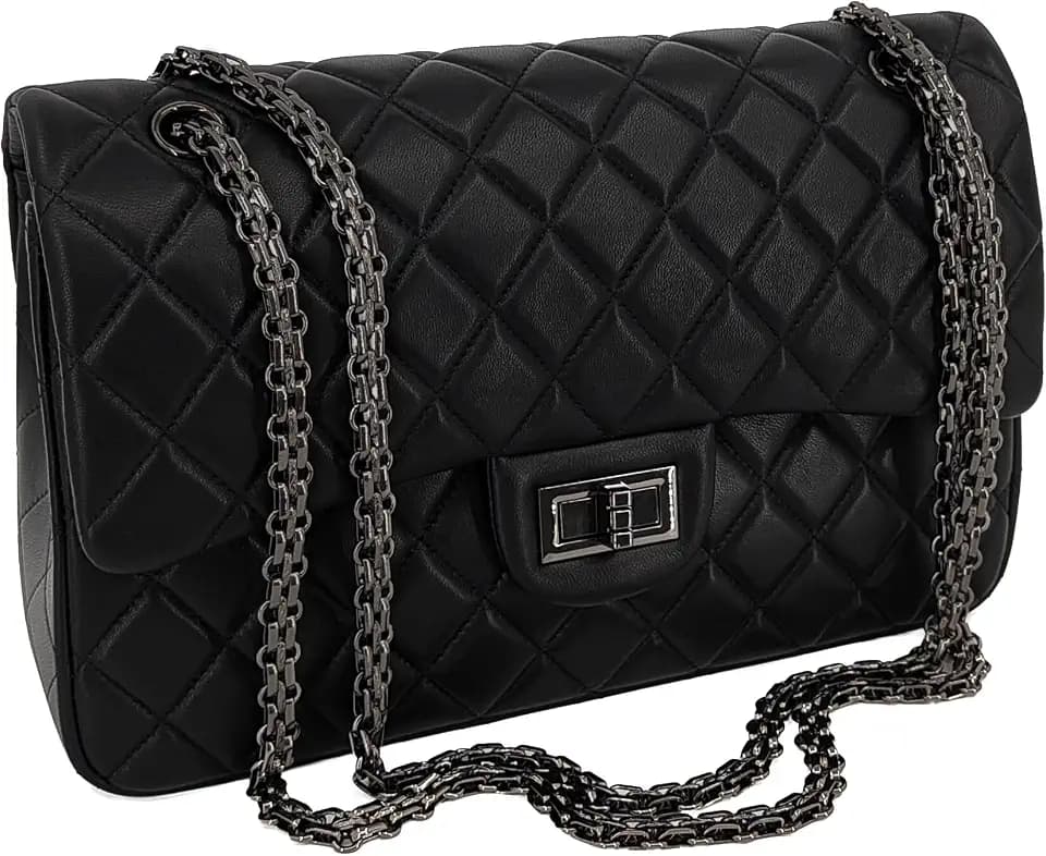 M-ioi-M Genuine Lambskin Quilted Double Flap Shoulder Bag with Chain Strap