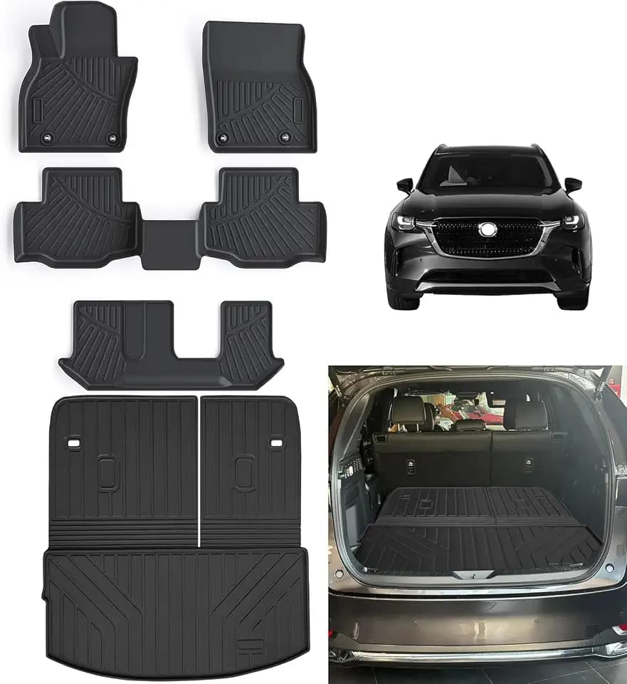 Floor Mats & Cargo Liners & Backrest Mat for 2024 2025 2026 Mazda CX90(Only 8 Seats-2 Row Bench Seat), Not Fit for Phev Premium Sport Trim with 2nd Row Bench Version, TPE All Weather Car Mats