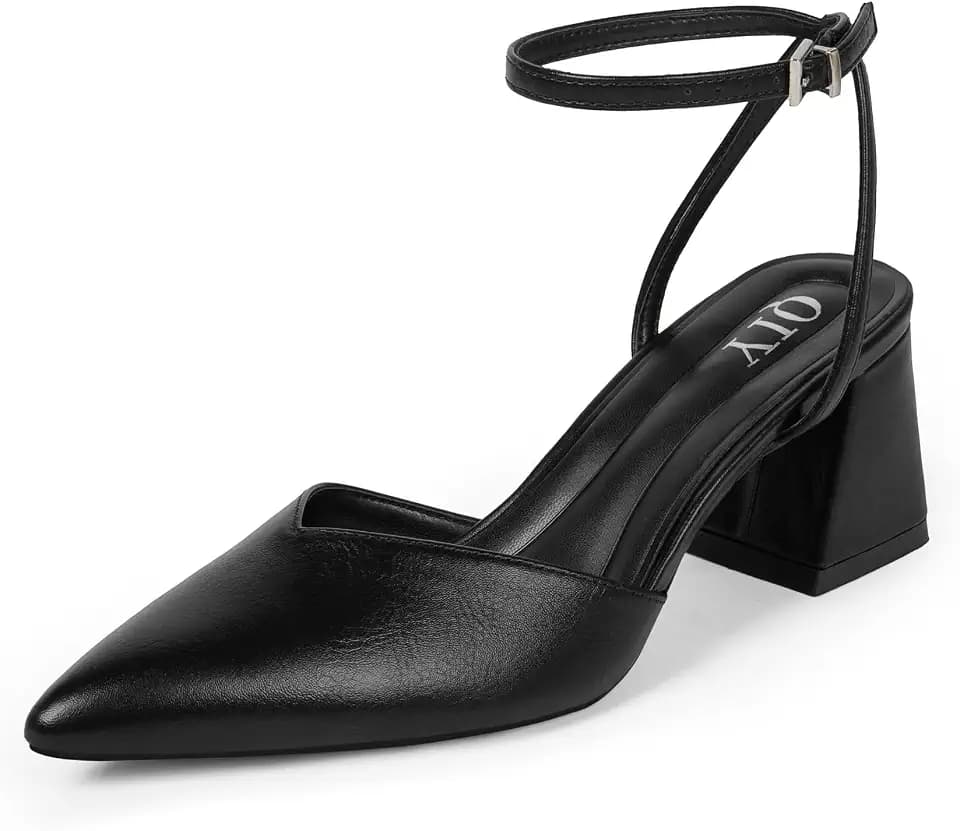 QIY Black Heels for Women Pumps Chunky Heel Strappy Sandals