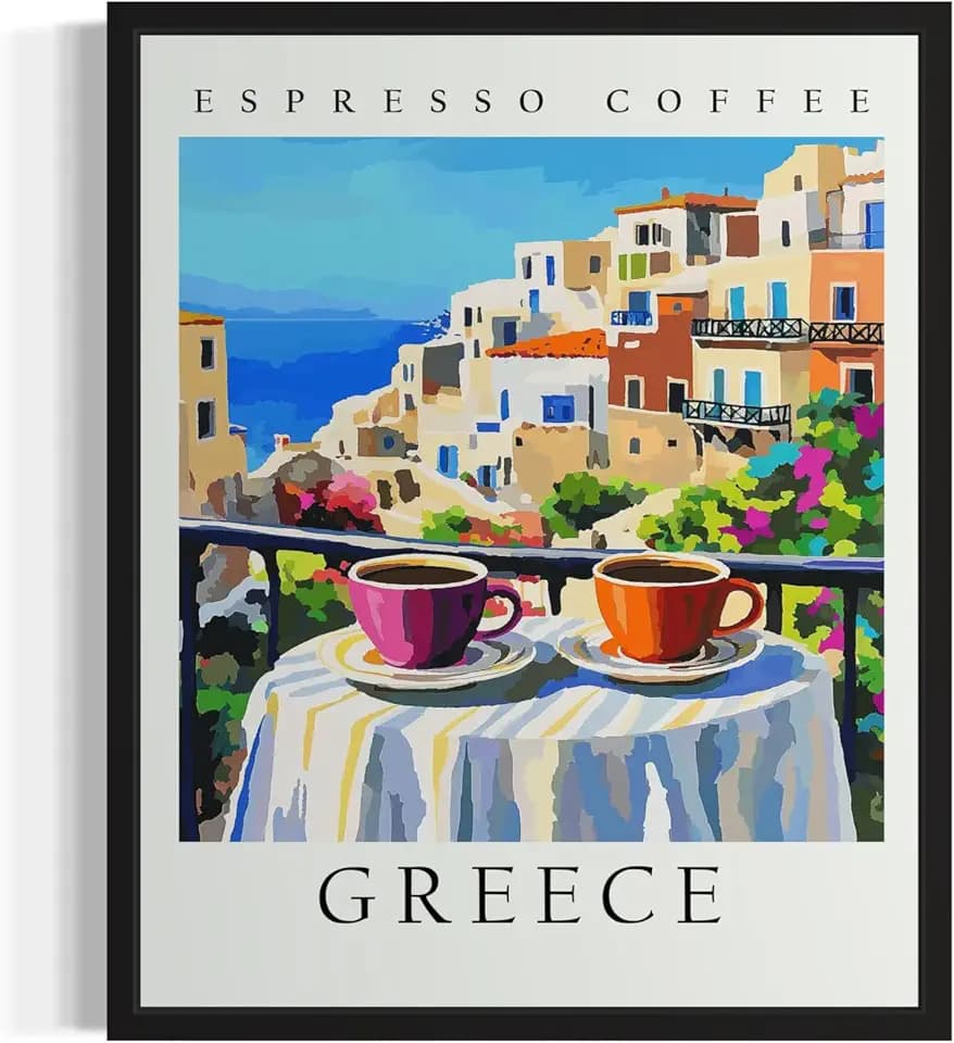 Greece Balcony Cafe Black Framed Wall Art Poster Print, Coffee Lover Espressso Travel Restroom Painting for Bathroom Bedroom Dinging Room Kitchen Decor 50 (Greece, 14" L x 11" W, Black Frame)