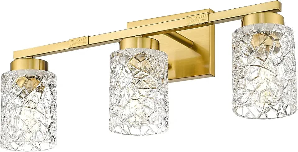 Emliviar 3-Light Brushed Gold Bathroom Vanity Light Fixture, 3 Bulb Wall Lamp Over Mirror 22 Inch, Clear Geometric Glass, HE294B-3W BG