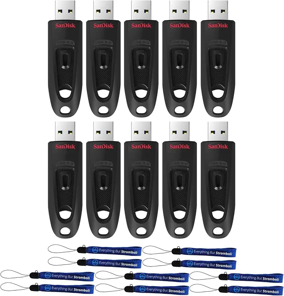 SanDisk USB 3.0 Flash Drive 10 Pack 64GB Ultra Up to 130 MB/s Read Speed - SDCZ48-064G-U46 - Bundle with (10) Everything But Stromboli Lanyards