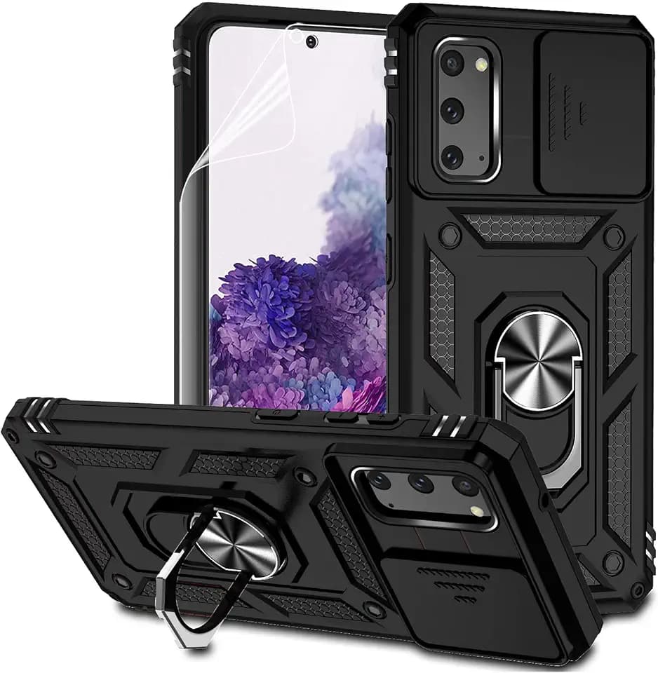 for Samsung Galaxy S20 Case with Camera Lens Cover HD Screen Protector, Dual Layer Military-Grade Drop Tested Magnetic Ring Holder Kickstand Protective Phone Case for Samsung Galaxy S20 5G (Black)