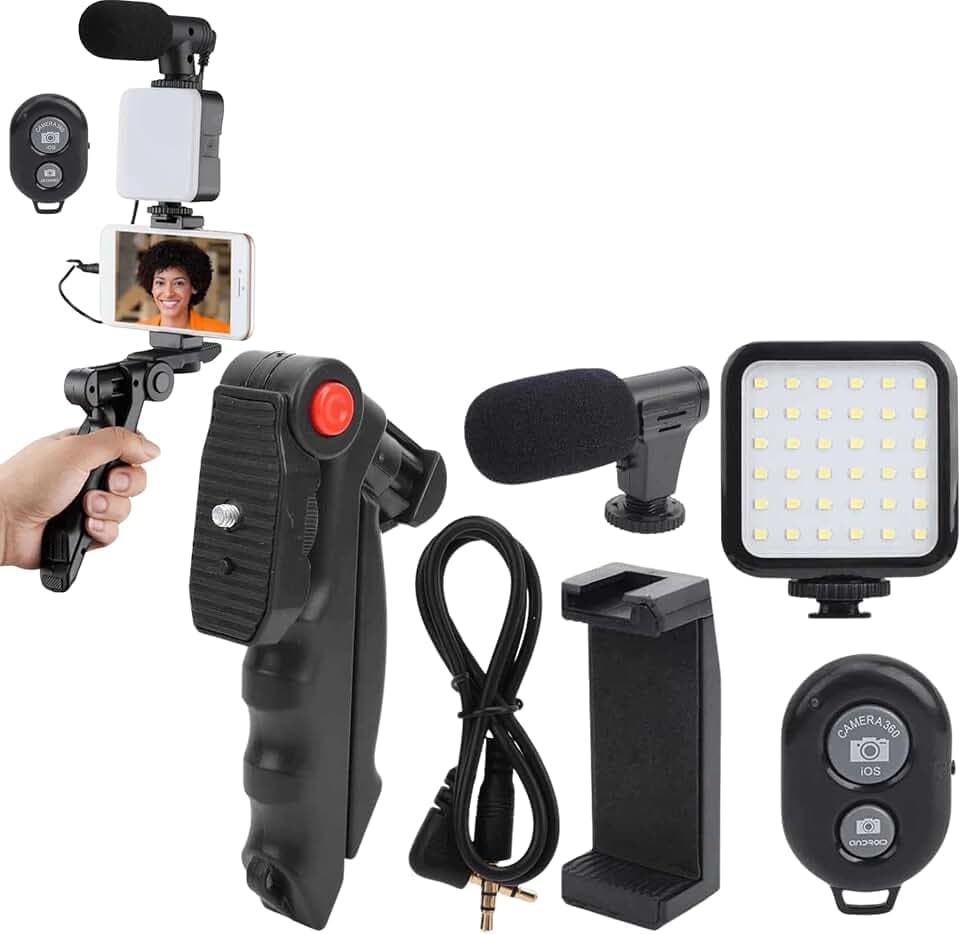 PARENCE.- Komplettes Vlogging-Set für Smartphone – verstellbares Stativ, Richtmikrofon, LED-Beleuchtung, Bluetooth-Fernbedienung, Universalständer – Videoaufnahme, YouTube, TikTok, Streaming