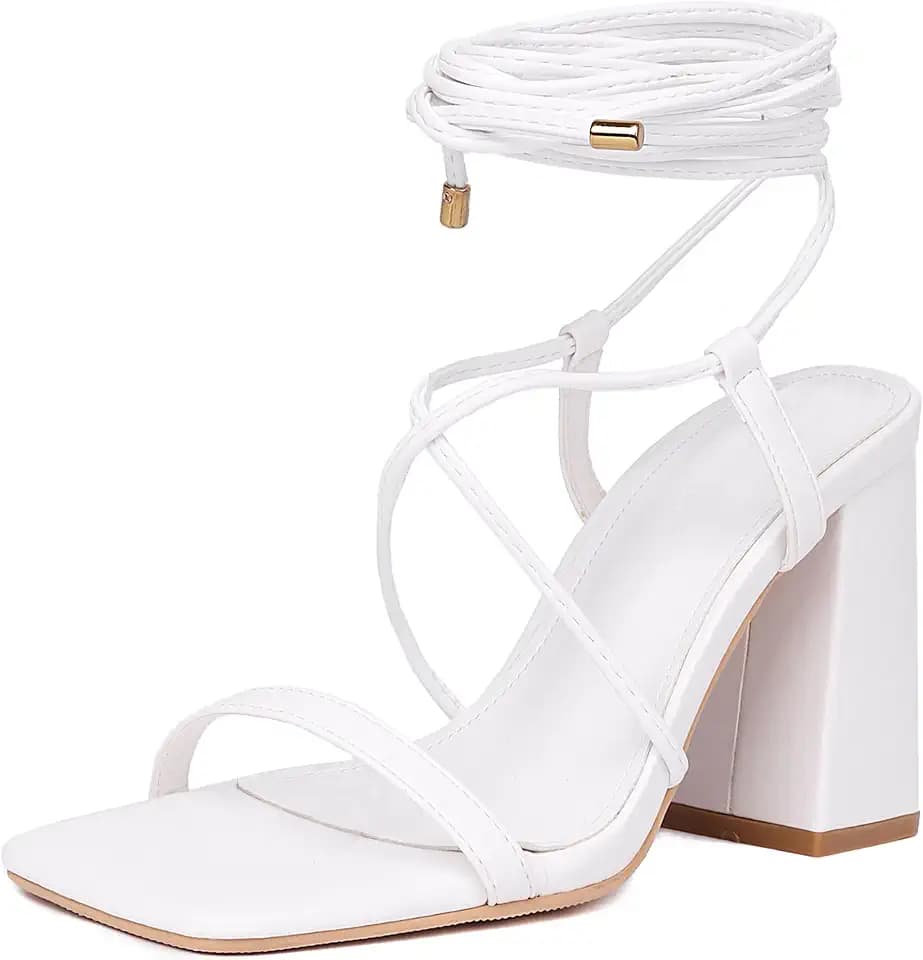 Womens Strappy Heels Lace Up Chunky Heel Sandals, Block Heel Wrap Sandals for Women Cute Sexy Dressy with Square Open Toe High Heels, White Size 9.5