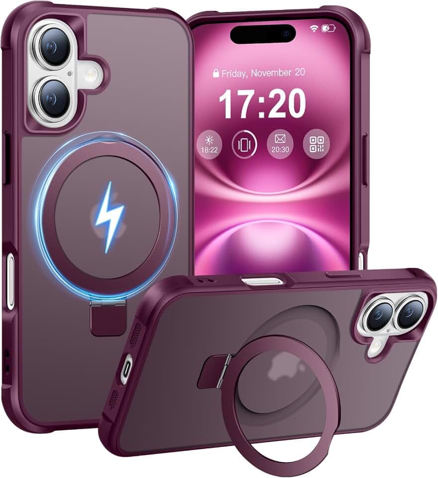 Magnetic Ring Stand Case for iPhone 16, Wine Red