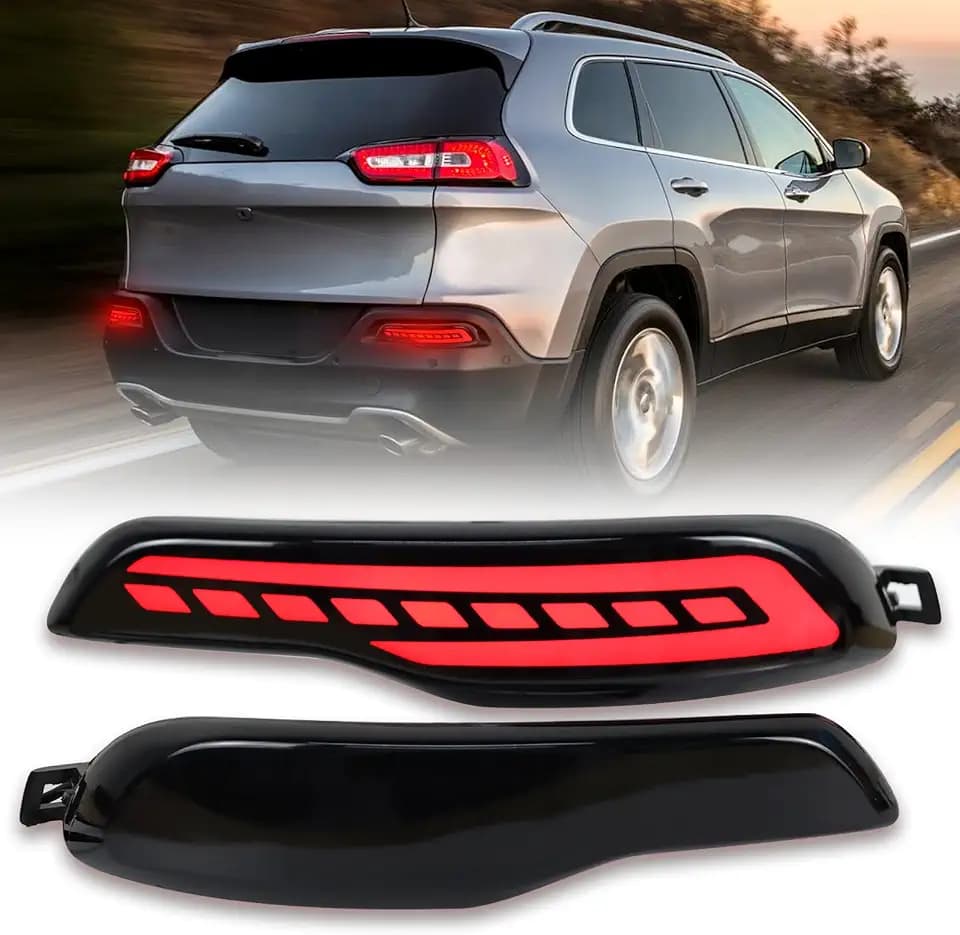 LED Rear Bumper Reflectors Light Fog Brake Tail Lamps Compatible with for Jeep Cherokee 2014-2018 Pair Driver and Passenger Side Replace OEM Stock Reflector Trim (SMOEKD)