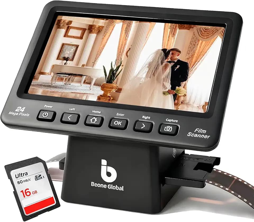 BEONEGLOBAL ClearScan P7 Film Scanner, 7” LCD 24MP Slide & Negative Scanner for 35mm/110/126/Super 8/8mm Film, Converts Old Slides and Negatives to JPEG, No Computer Needed, SD Card Included