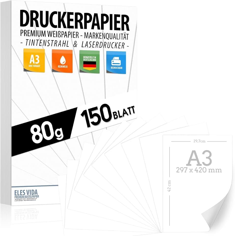 Druckerpapier weiß DIN A3, 150 Blatt PREMIUM PAPIER Reinweiß 80g - Basteln