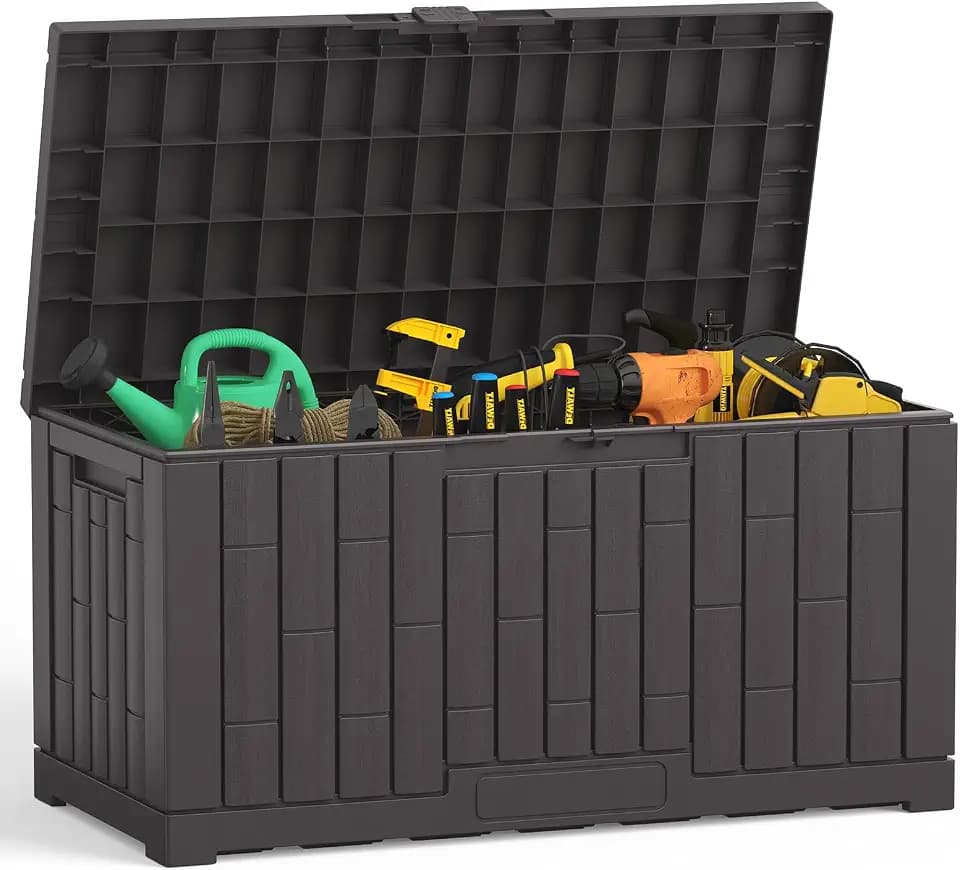 NEWBULIG 60 Gallon Deck Box, Waterproof Outdoor Storage Box with Lockable Lid, Patio Furniture Bench & Side Table, Outside Storage Container, Tool-Free Assembly, for Garden, Pool, Brown