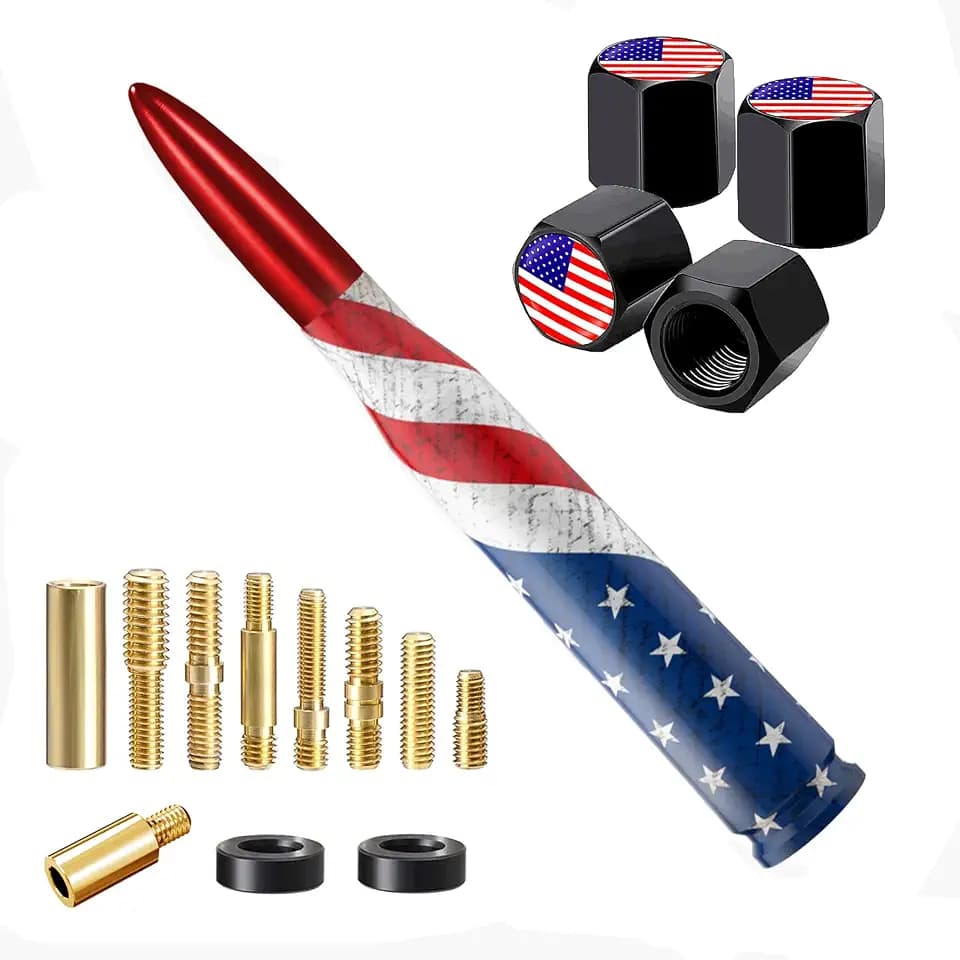 Car Truck Bullet Antenna with Valve Stem Caps, Universal Antenna Mast for GM Chevy Silverado 1500 2500 3500 HD Avalanche Ford F150 F250 F350 Heavy Duty Pickup Jeep Accessories (Red)-American Flag