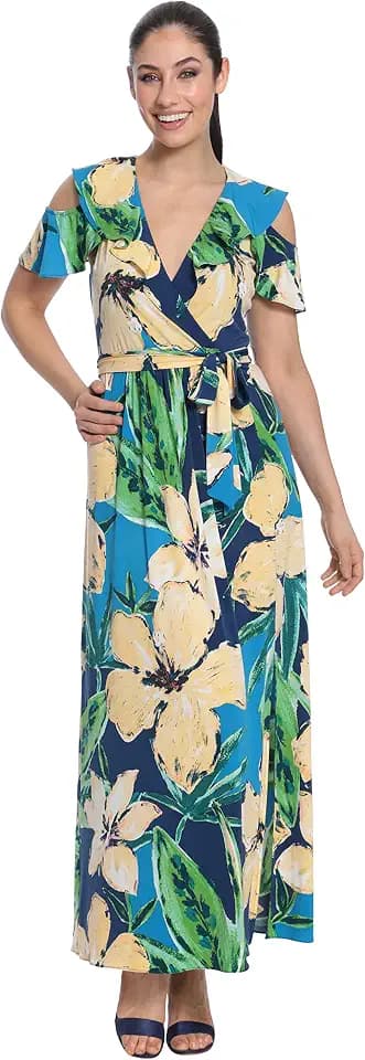 London Times Women's Ruffle V-Neck Surplice Cold Shoulder Maxi with Side Slit