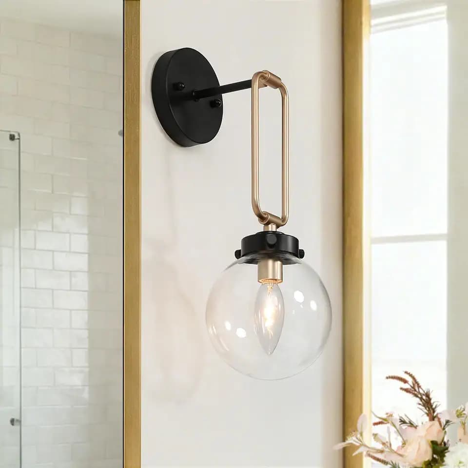 KSANA Black and Gold Wall Sconce, 1-Light Wall Mounted Light Fixtures 14.5" H Mid-Century Modern Sconce Wall Lighting for Bedroom Living Room, Clear Globe Glass Shade
