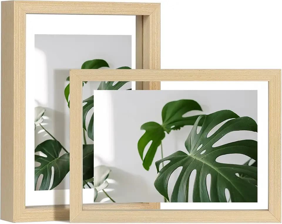 Egofine 5x7 Floating Frames Set of 2, Double Plexiglass Picture Frame, Made of Solid Wood Display Any Size Photo up to 5x7, Wall Mount or Tabletop Standing, Natural Wood