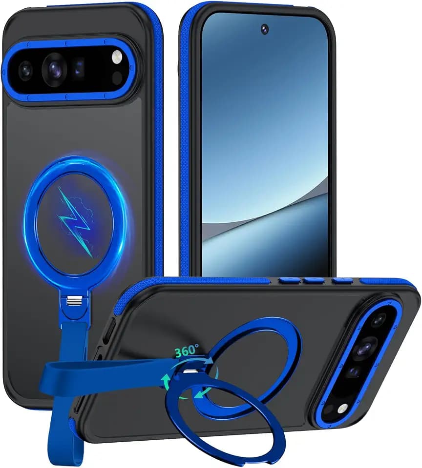 for Google Pixel 10 Case/Pixel 10 Pro Case with 360 Spin Magnetic Stand-Finger Strap, [Fit for MagSafe][16FT Mil-Grade Protection] Ring Holder Kickstand Translucent Matte Phone Case (Blue)