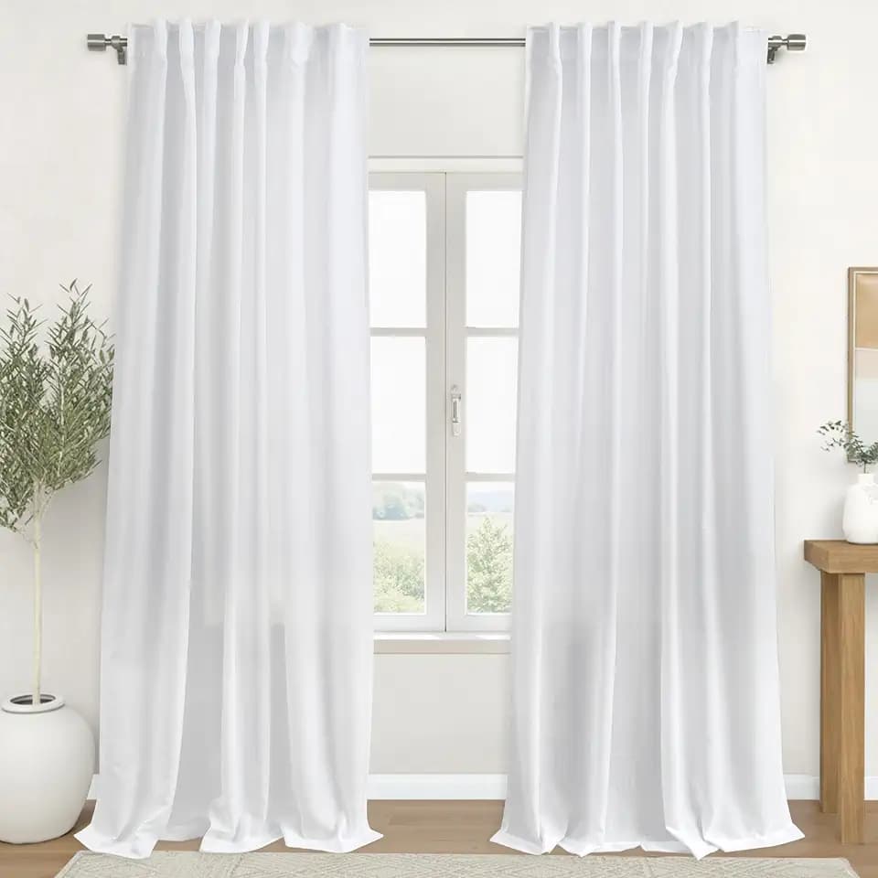 KOUFALL White Back Tab Rod Pocket Linen Sheer Curtains for Living Room 60x96 Inches Long