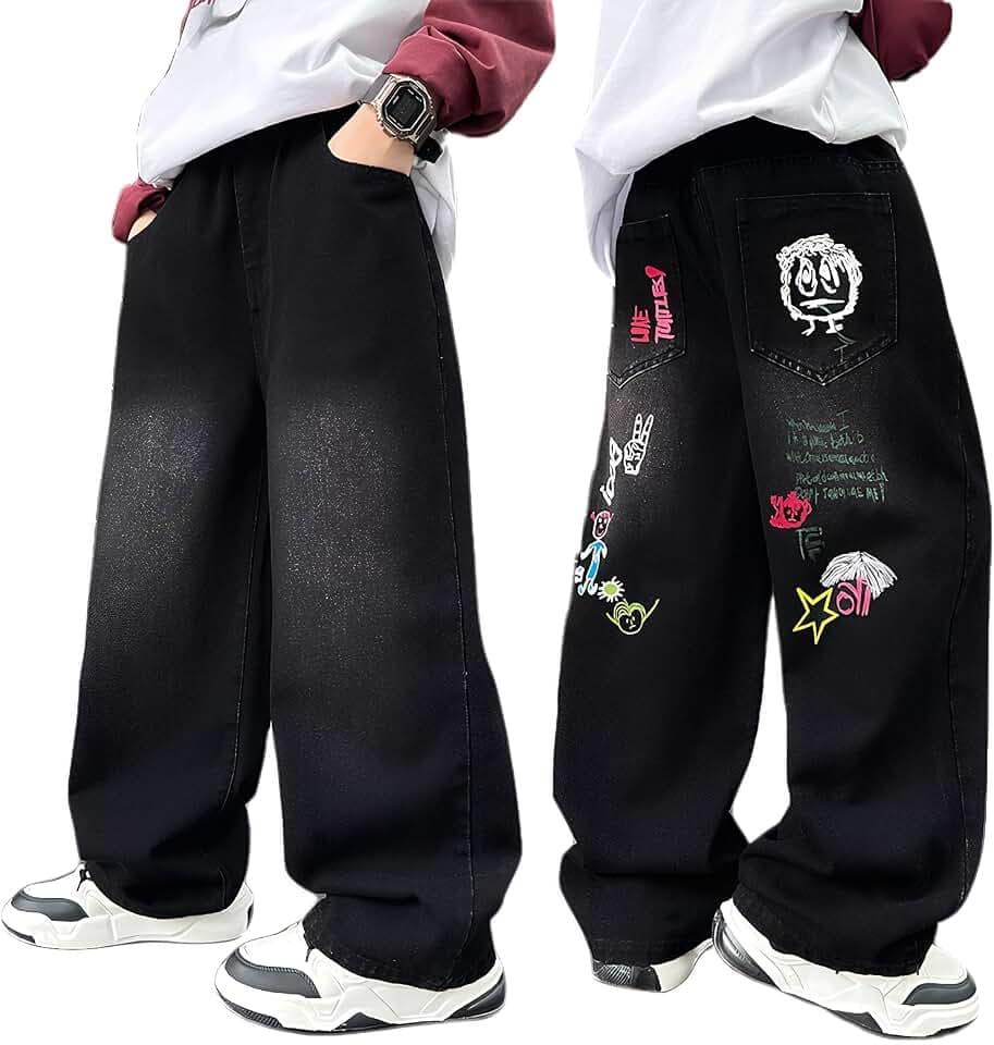 JiAmy Boys' Baggy Jeans, Wide Leg Cargo Pants, Elastic Waist 7-15Y