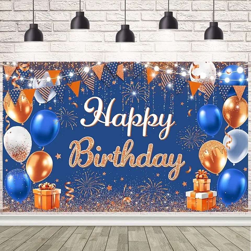 AIBIIN Blue and Orange Happy Birthday Banner Sign Poster Large Fabric Glitter Balloon Fireworks Sign Photo Backdrop Background for Birthday Decoration Supplies 70.8x43.3inch
