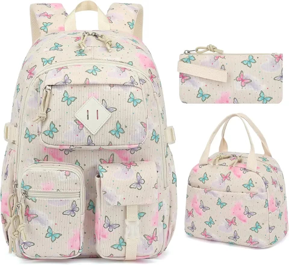 Corduroy 3-Piece Backpack Set for Girls Boys School Bookbag, Kids Backpacks with Lunch Box and Pencil Case (Ages 8-18)-Butterfly