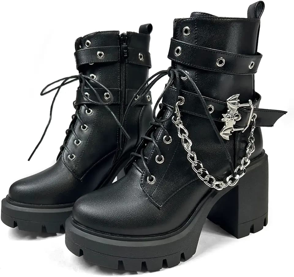 FOREADA Goth Women Platform Boots Chain Chunky Heel Combat Ankle Booties