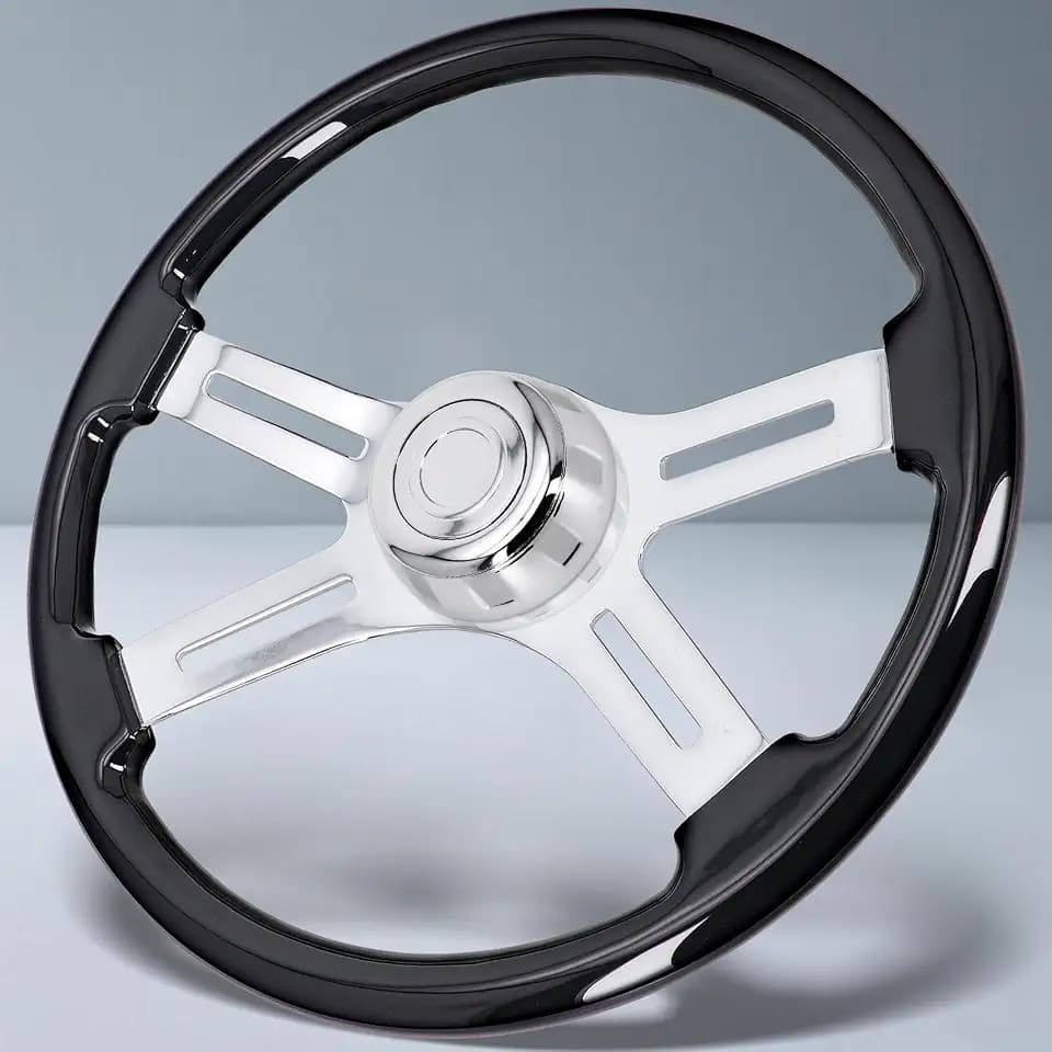 Sorghum 18" Solid Wood Steering Wheel - 4 Spokes Aluminum Chrome Classic Steering Wheel with Horn Button for Semi-Trailers Trucks Compatible with Mack Kenworth Peterbilt Volvo Freightliner-Black