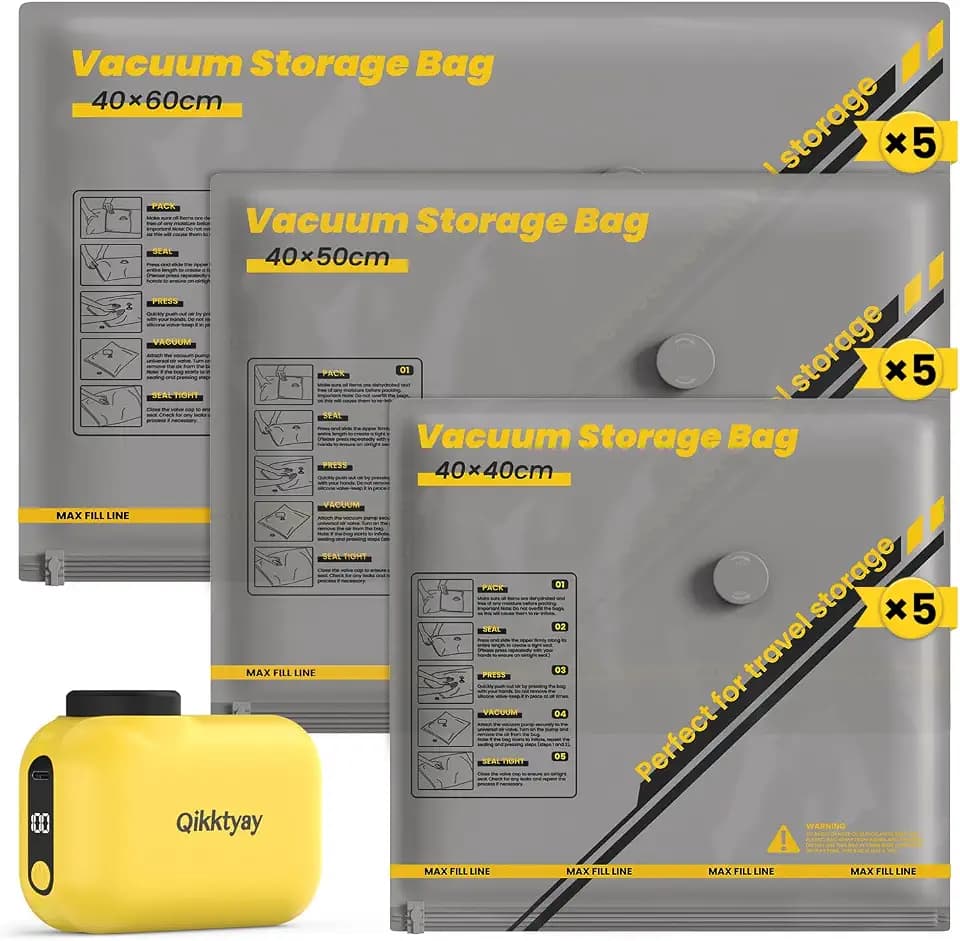 Vakuumbeutel für Kleidung mit Kabellose Vakuumpumpe – 15er Set Vakuumbeutel Reise (40×40/40×50/40×60 cm), ideal für Reise & Aufbewahrung – Vacuum Bags for Clothing Travel & Storage