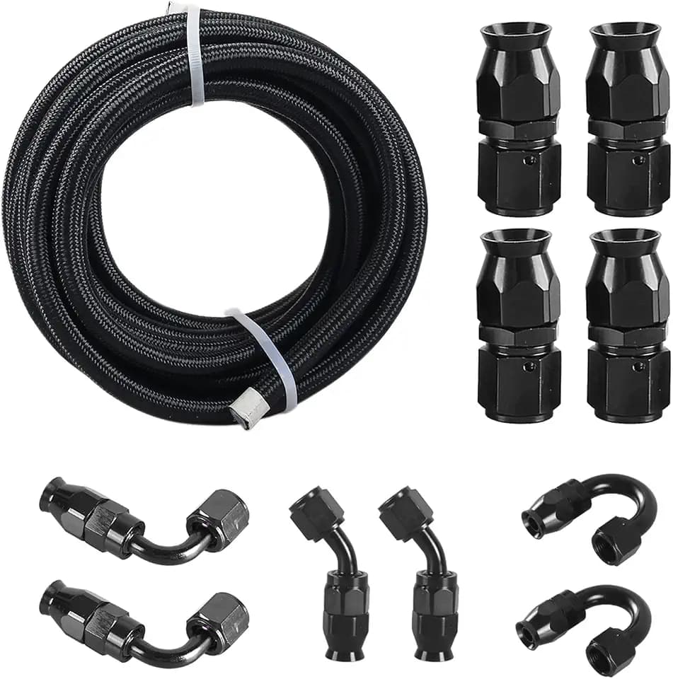 4AN 1/4 PTFE E85 Hose Braided Fuel Line Fitting Kit 20FT Transmission Oil Cooler Line Nylon Stainless Steel Black