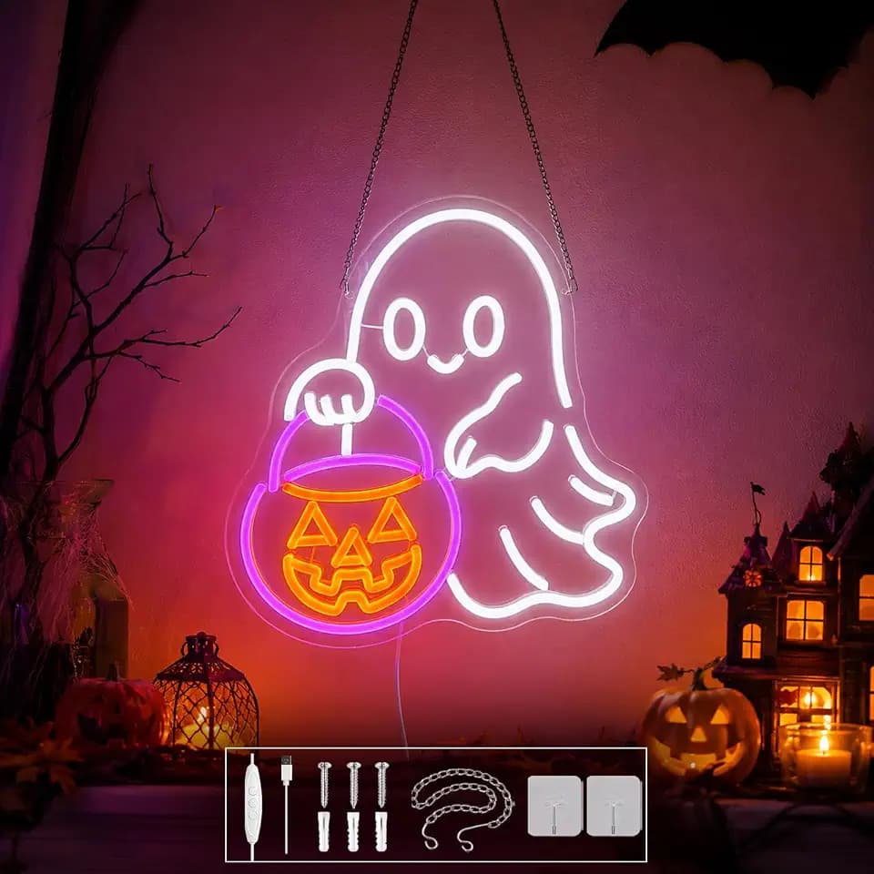 Trick or Treat Halloween Neon Sign, Dimmable Ghost Neon Sign for Window