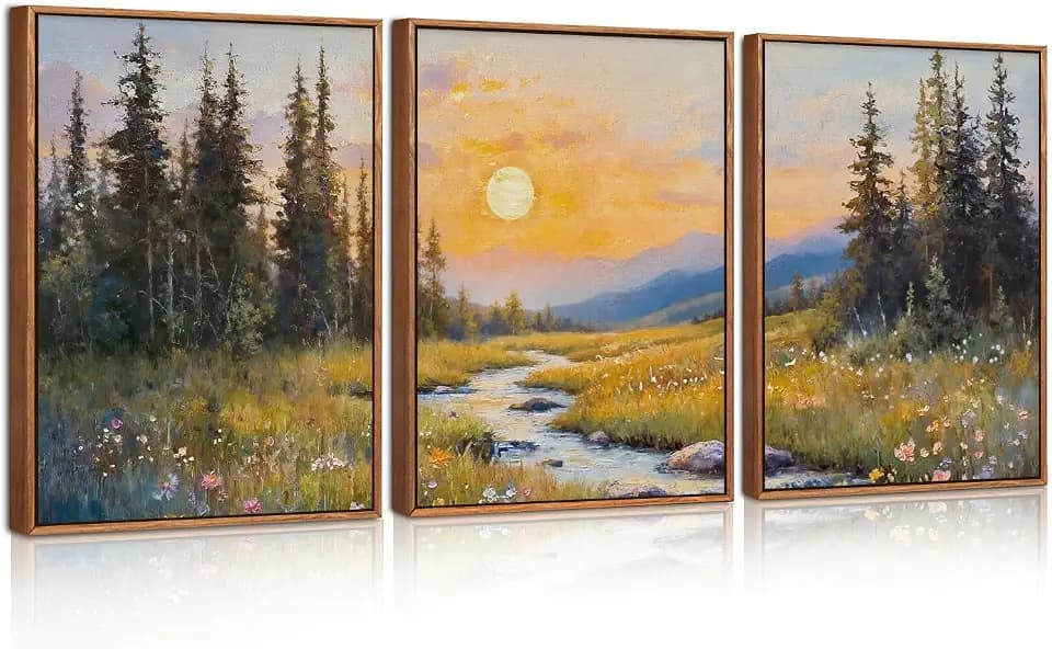 Celestdeco Berglandschaft Sonnenuntergang Wald Bach Wandbild 30x40cmx3
