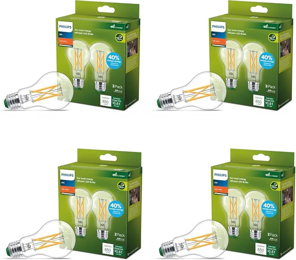 PHILIPS LED 60W A19 8-Pack Ultra Efficient Soft White (2700K) 850 Lumen (5W = 60W) Clear Flicker-Free Light Bulbs