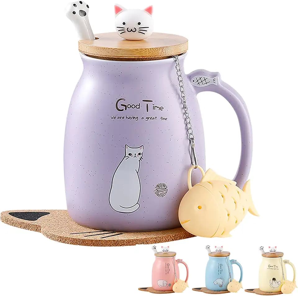 Katzen-Tasse Süße Keramik Kaffeetasse mit deckel,Edelstahl Löffel, Neuheit Morgen Cup Tee Milch Weihnachten Becher Geschenk Teetasse mit Deckel und Sieb Geschenke für Frauen 380ML