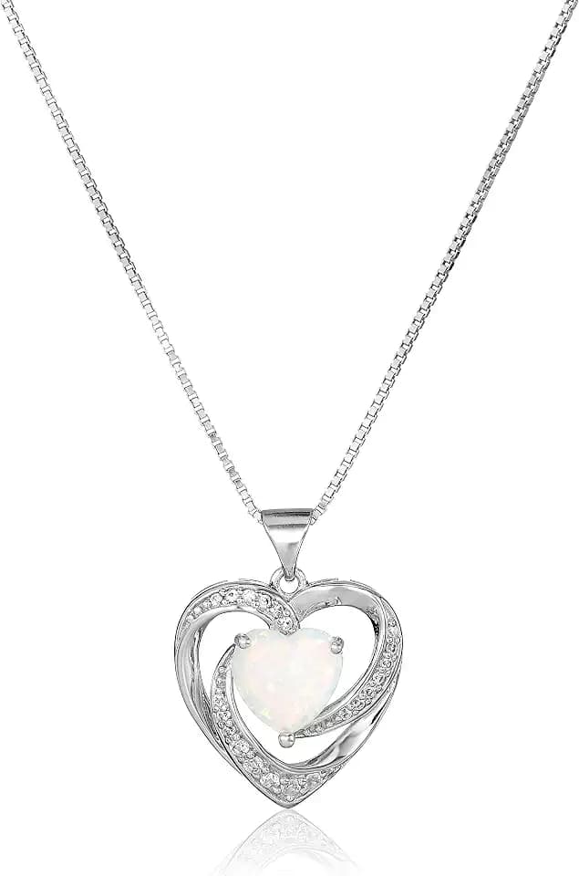 Amazon Essentials Women's Sterling Silver Created Opal and White Sapphire Open Heart Pendant Necklace, 18", Pretty Gift