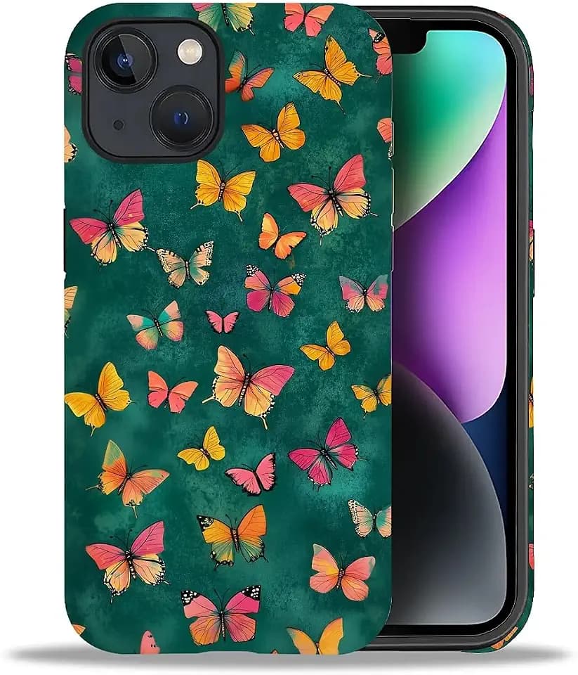 ZHEGAILIAN Case for iPhone 13 14,Dark Green Butterfly 2 in 1 Hard Shell + Silicone,Shockproof Bumper Drop Protective Compatible with iPhone 13 14