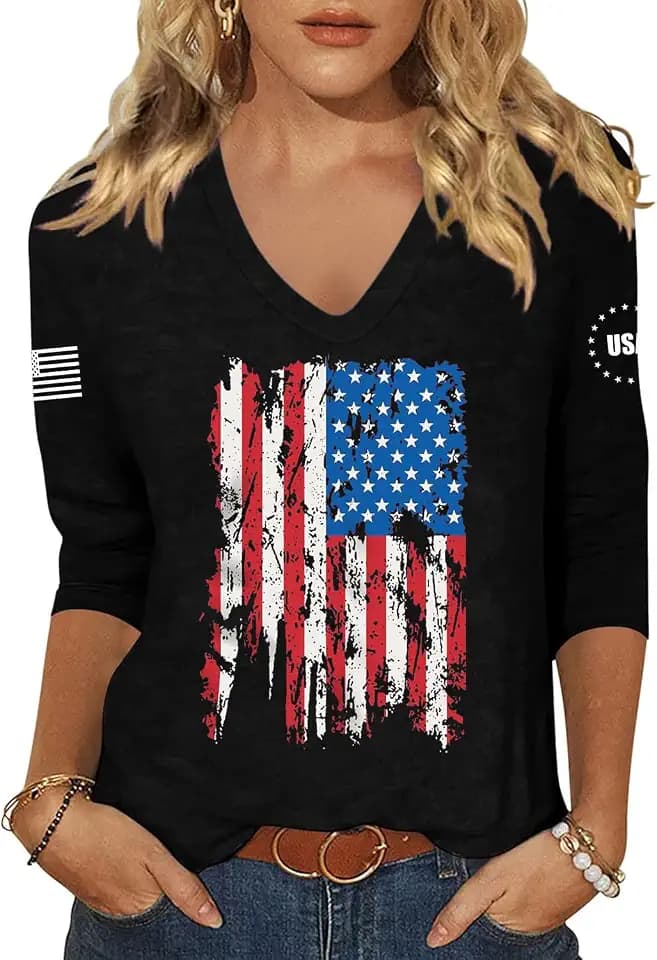 Vircreate Womens 3/4 Sleeve V Neck T-Shirts 4th of July Shirts American Flag Star Graphic Tee Tops