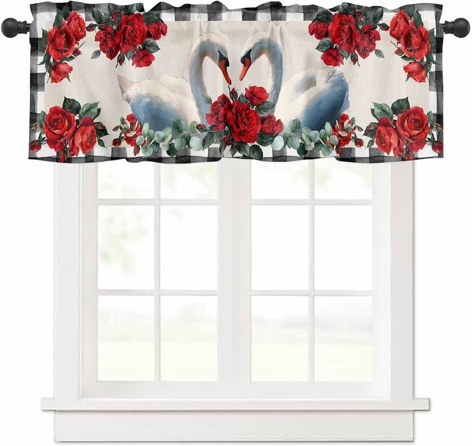 Valentine Valance for Windows Red Rose Swan Curtains Valances Black Buffalo Plaid Eucalyptus Leaves Valance Window Treatments Short Curtains for Kitchen Living Room Bedroom Valentines Decor 54x18 Inch